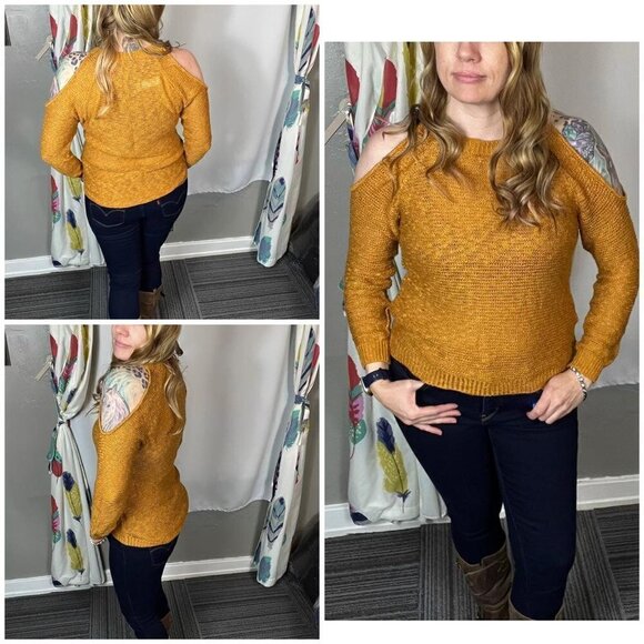 Charlotte Russe mustard colored cold shoulder knit sweater.  Size medium - Picture 1 of 8